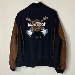 Hard Rock Cafe VTG 90s Blue Brown Leather Varsity Jacket XL